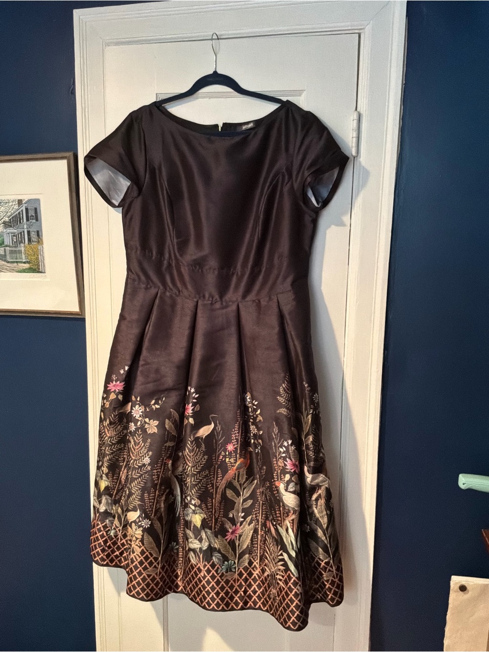eshakti Black Fit-and-Flare Dress with Floral & Bird Border